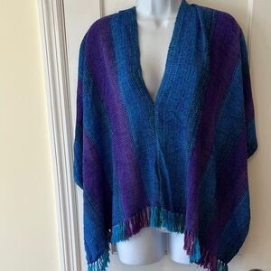 Santa Fe Handwoven Shawl Cover Poncho Blue & Purple Striped Nursing Travel
